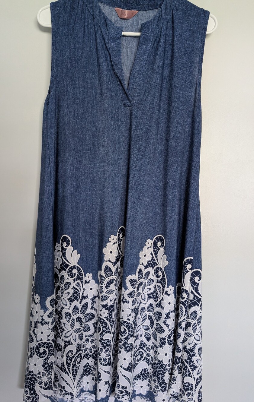 SJS Light Blue Denim casual day dress with white lace detailing.